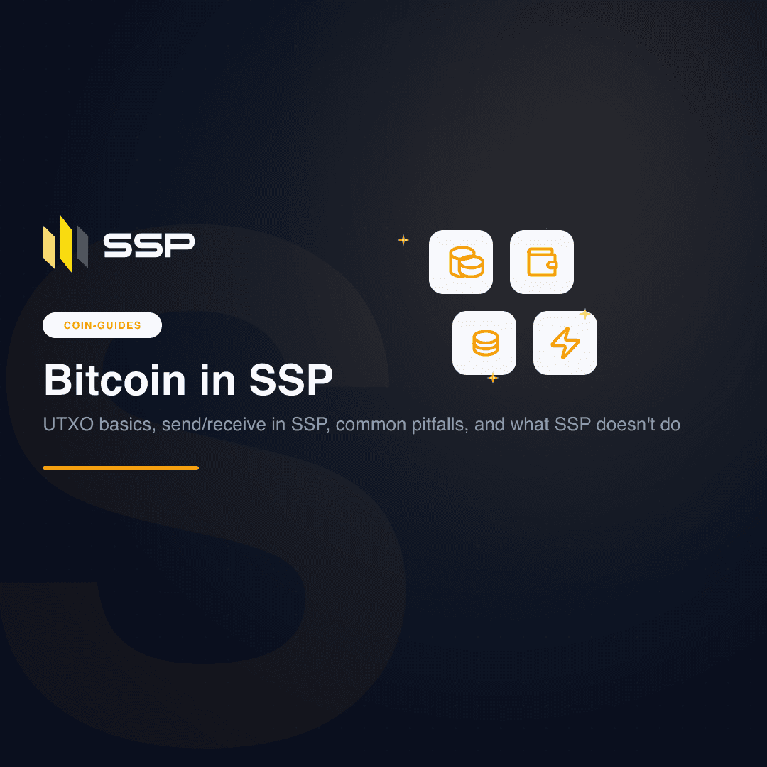 Bitcoin logo with the SSP wallet icon, both rendered in the SSP brand palette