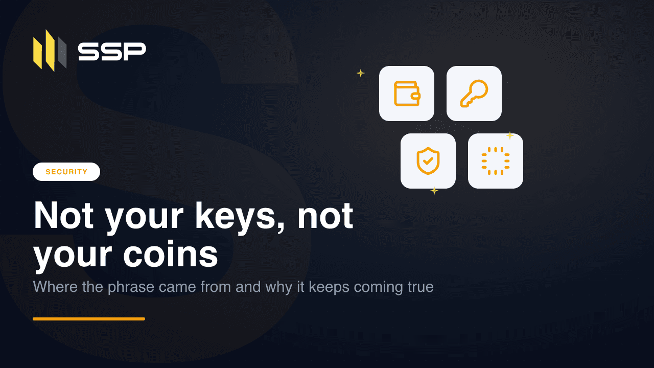 Navy SSP cover with wallet, key, shield and CPU icons over a dark gradient, opening the Self-Custody Fundamentals series