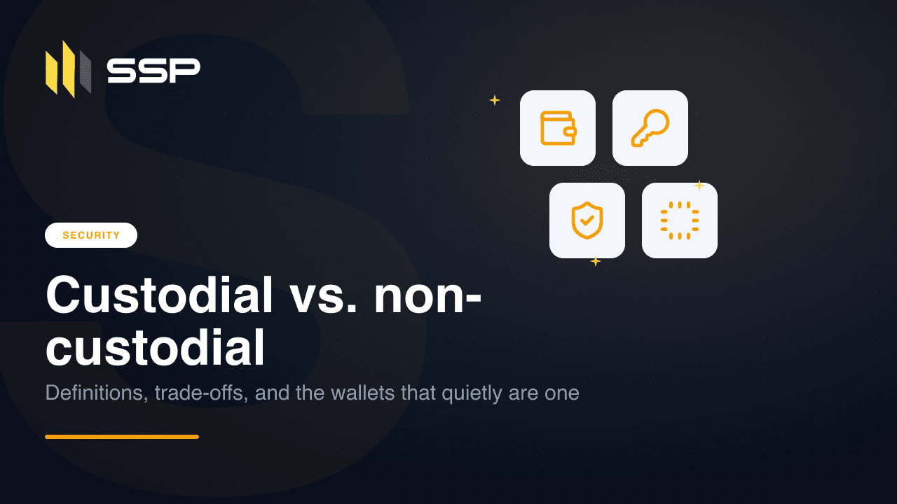 Navy SSP cover for Custodial vs. non-custodial wallets, with wallet, key, shield and CPU icons over a dark gradient