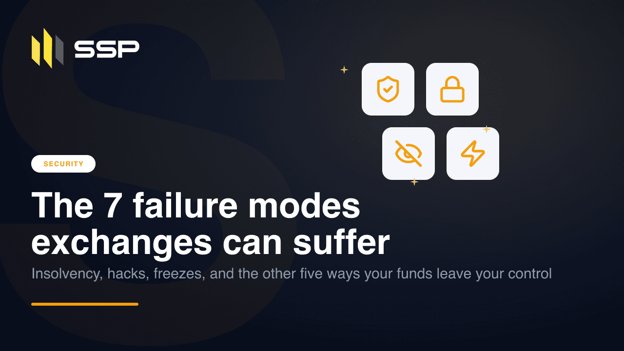 Navy SSP cover for The 7 failure modes exchanges can suffer, with shield, lock, hidden-eye and lightning icons over a dark gradient