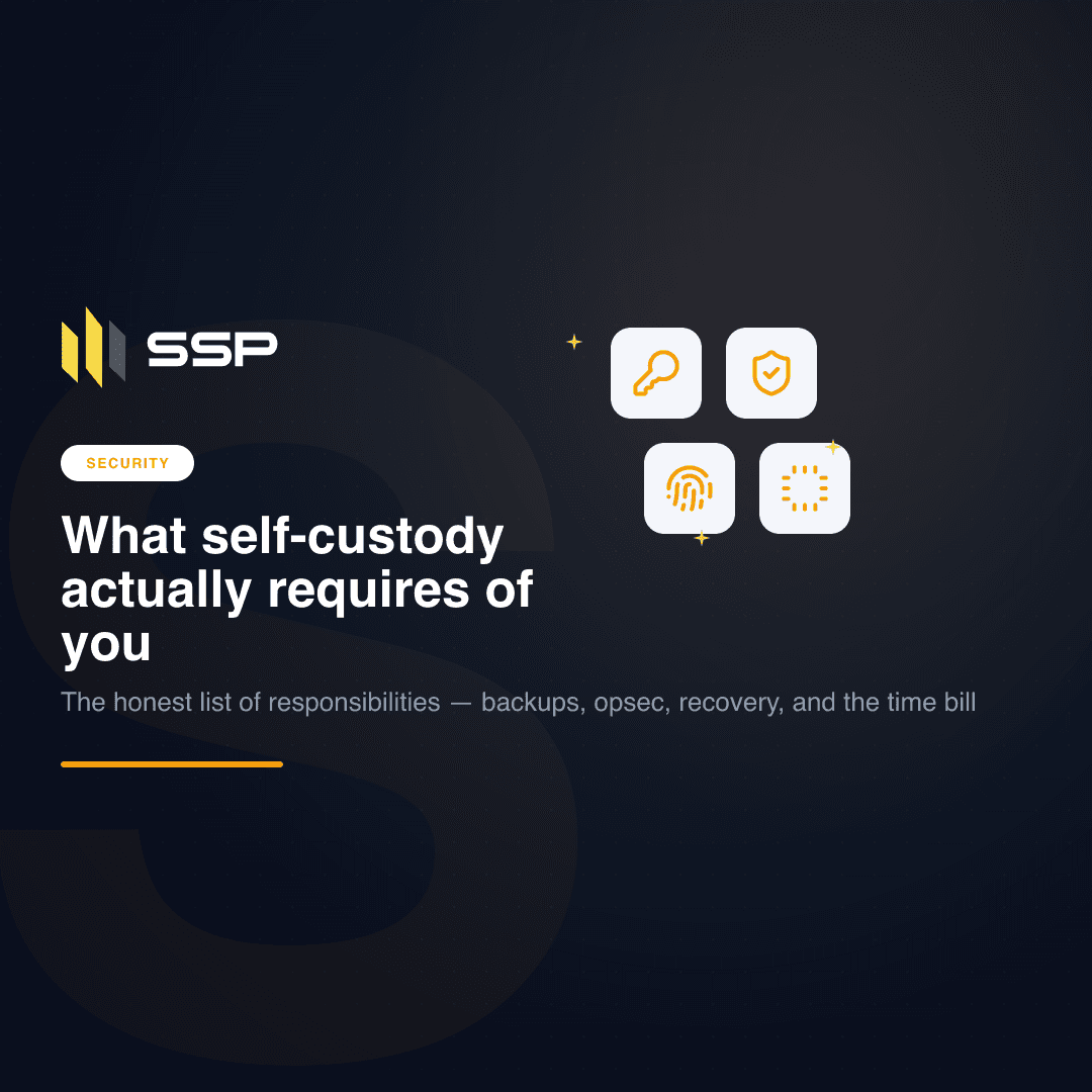 Navy SSP cover for What self-custody actually requires of you, with key, shield, fingerprint and CPU icons over a dark gradient