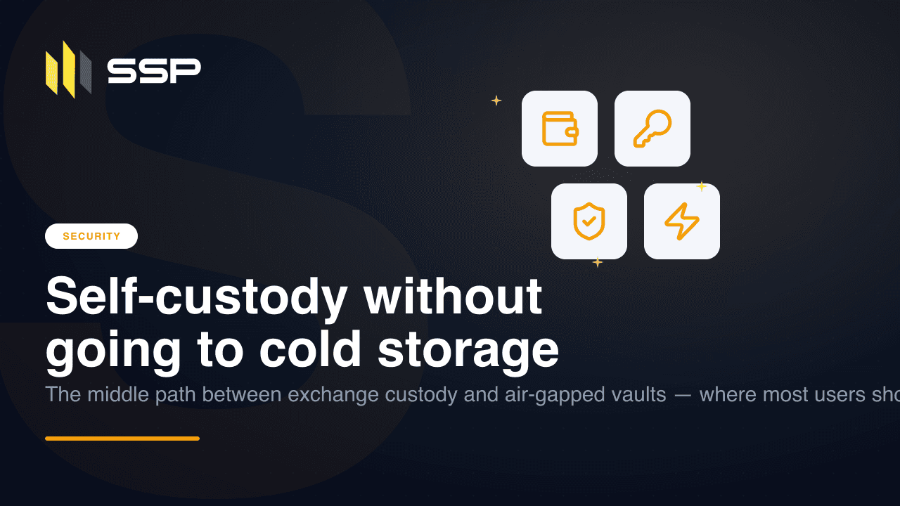 Navy SSP cover for Self-custody without going to cold storage, with wallet, key, shield and lightning icons over a dark gradient