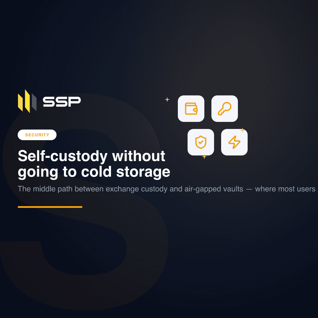 Navy SSP cover for Self-custody without going to cold storage, with wallet, key, shield and lightning icons over a dark gradient