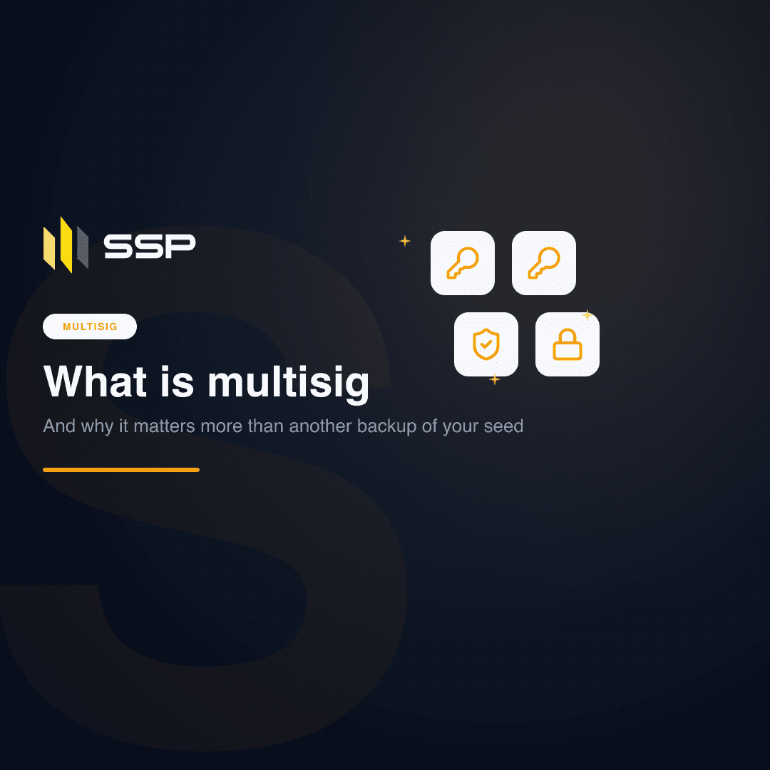 Navy SSP cover with key, shield and lock icons over a dark gradient, opening the Multisig Deep Dive series