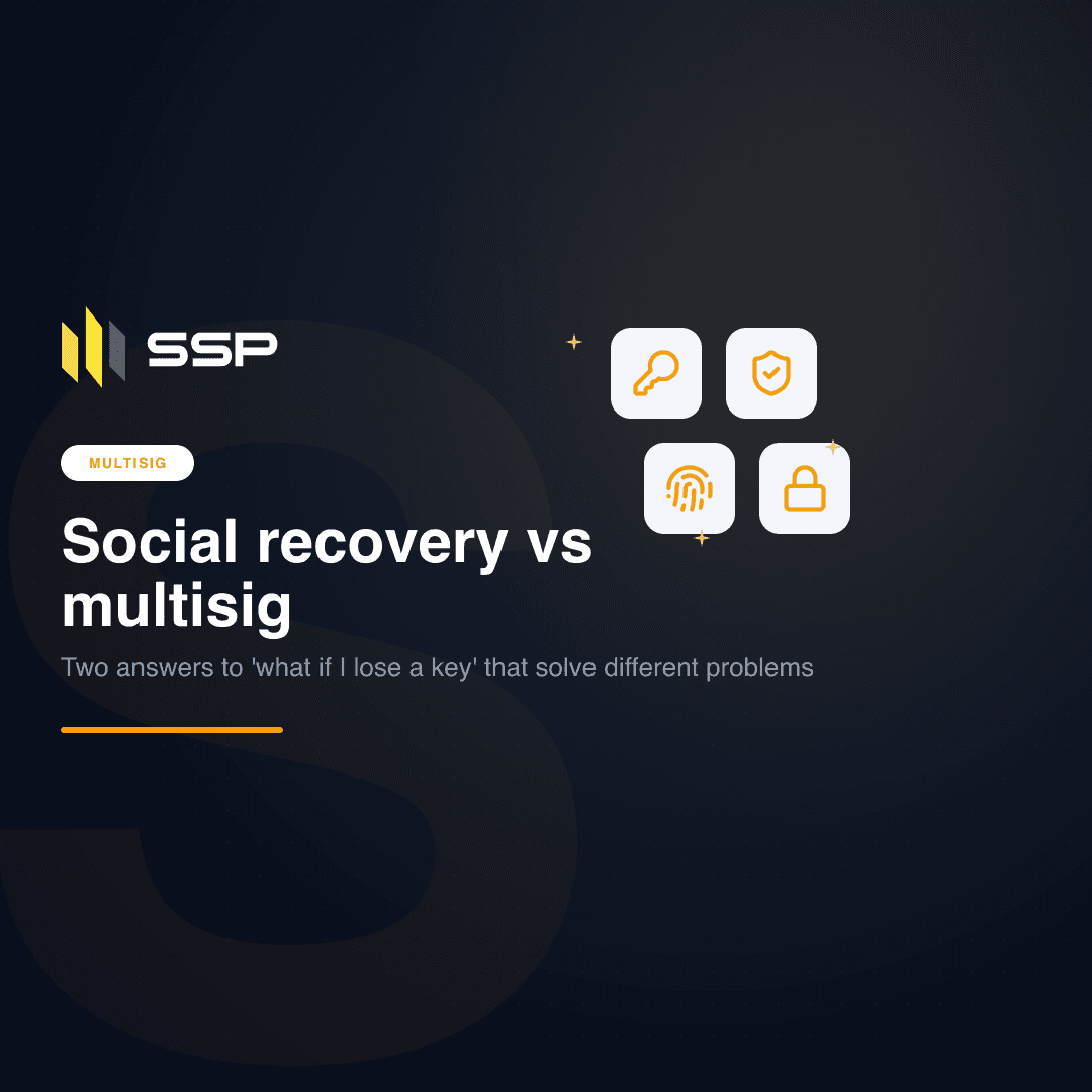 Navy SSP cover with key, shield, fingerprint and lock icons on a dark gradient, the social-recovery comparison chapter of Multisig Deep Dive