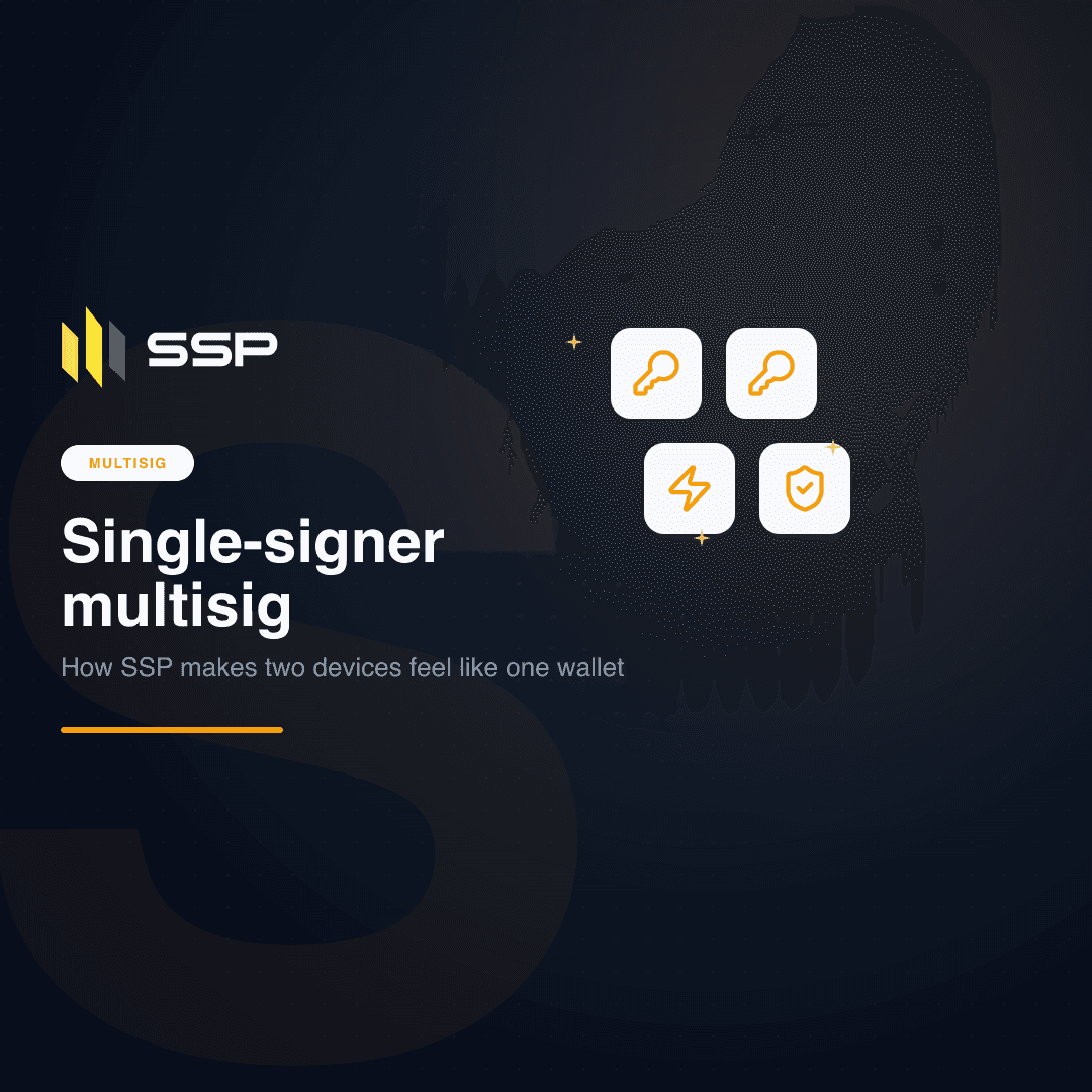 Navy SSP cover with key, lightning and shield icons on a dark gradient, the single-signer UX chapter of Multisig Deep Dive