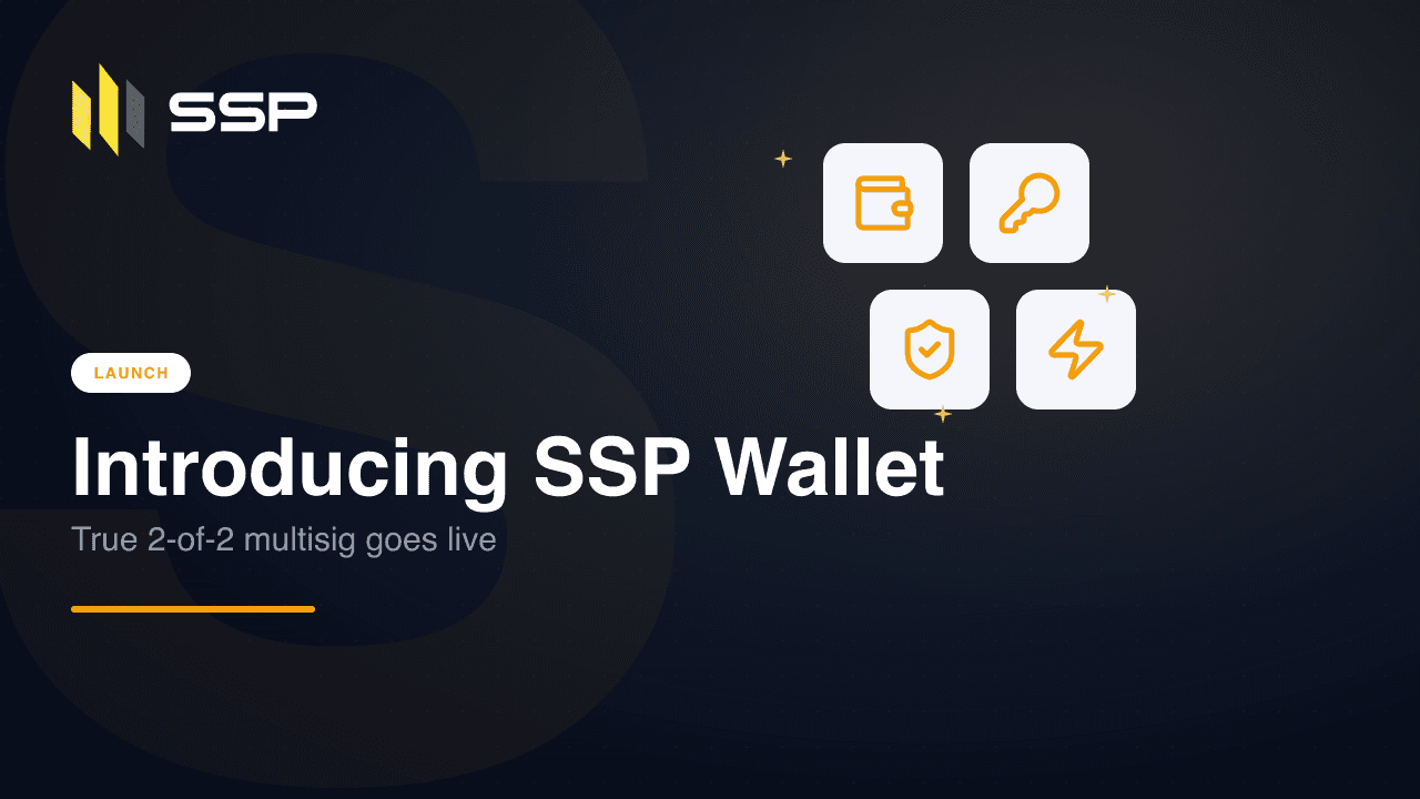 Navy SSP cover with wallet, key, shield, and 2-of-2 multisig icons announcing the SSP Wallet launch