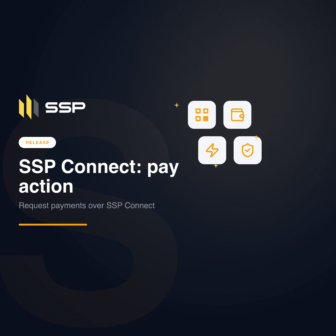 QR, 지갑, 번개, 방패 아이콘이 들어간 네이비 SSP 커버가 SSP Connect의 pay 액션을 알립니다