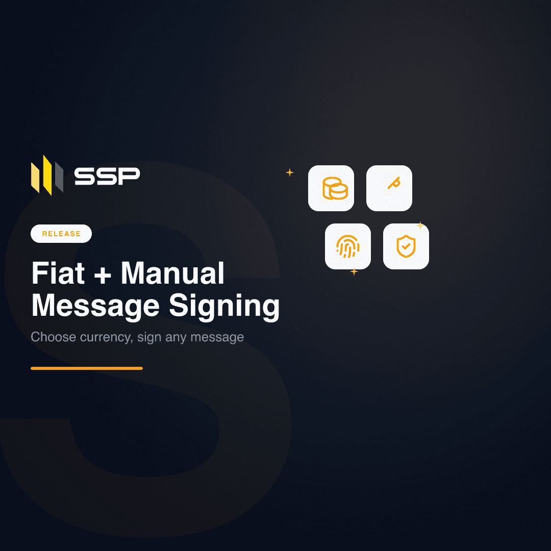 Navy SSP cover with coins, edit, fingerprint, and shield icons announcing fiat choice and manual message signing in SSP