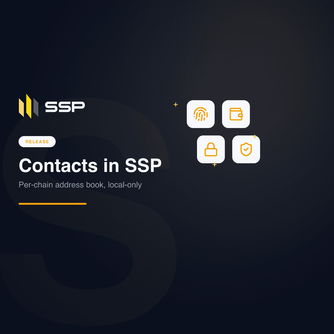 Navy SSP cover with fingerprint, wallet, lock, and shield-check icons announcing the local-only contacts feature in SSP Wallet v1.4.0