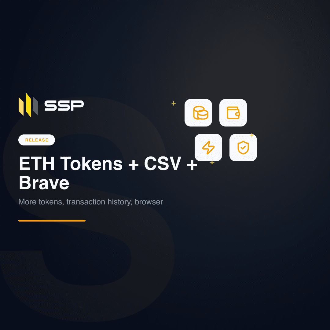 RELEASE badge with coins, wallet, zap, and shield-check icons above the headline ETH Tokens + CSV + Brave — more tokens, transaction history, browser