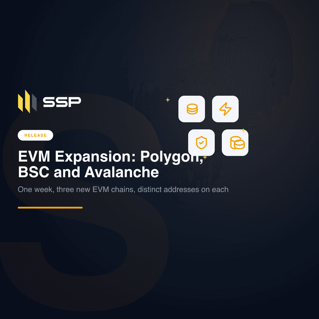 Insignia RELEASE con iconos de cilindros apilados (base de datos), rayo, escudo con marca y monedas apiladas sobre el titular «Expansión EVM: Polygon, BSC y Avalanche».