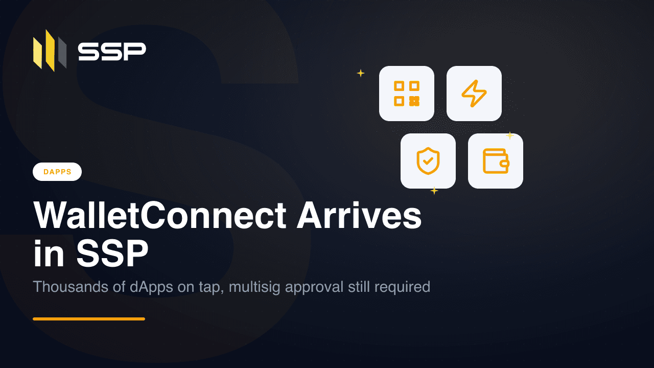 RELEASE rozeti üzerinde QR kod, şimşek, onaylı kalkan ve cüzdan simgeleri ile başlık: «WalletConnect SSP'ye geliyor».