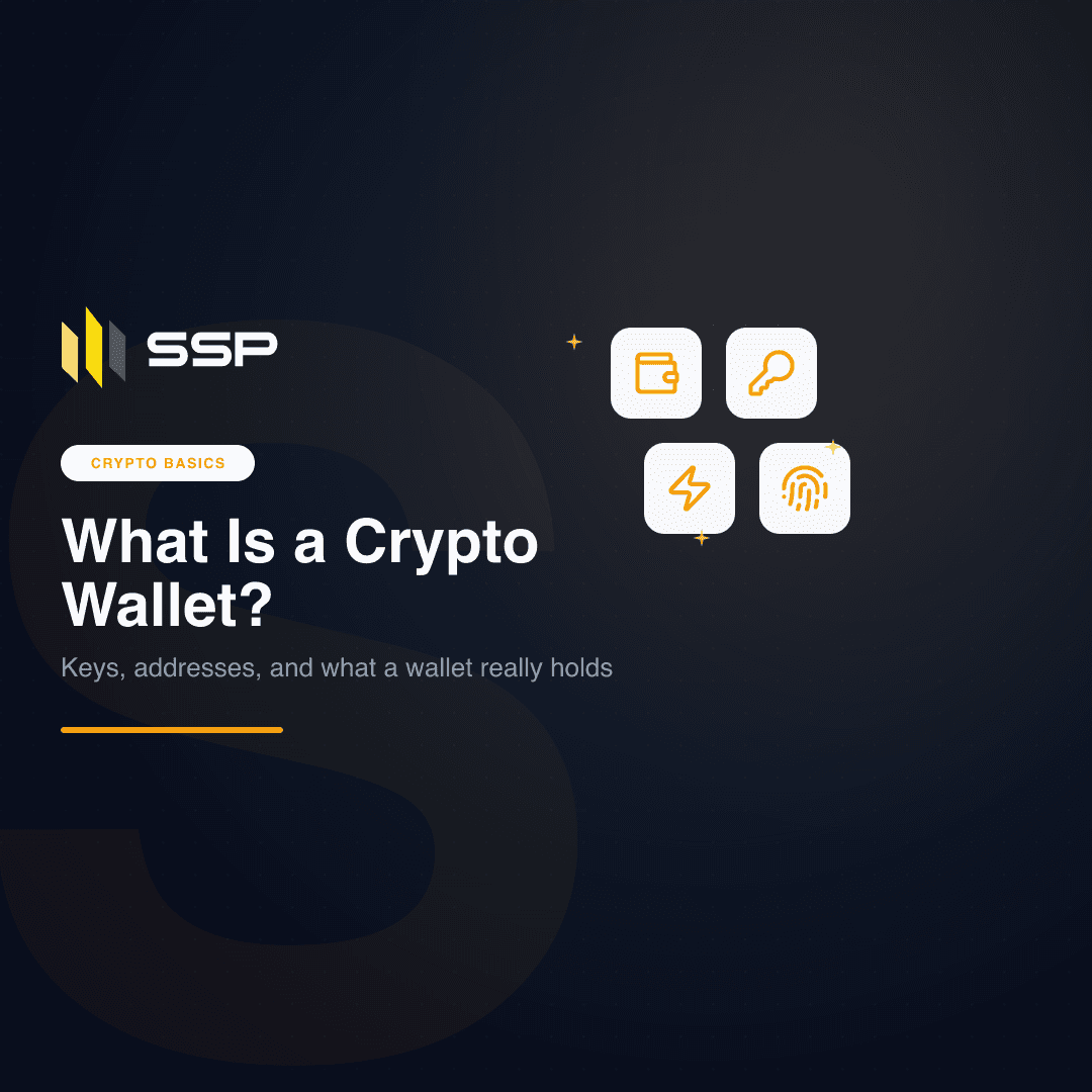 Illustration of a crypto wallet as a keyring holding private and public keys, with a blockchain ledger behind it