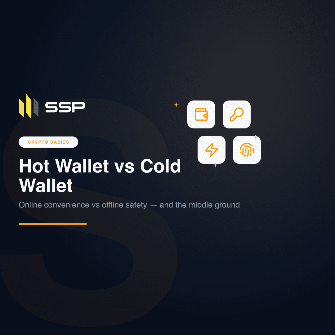 SSP Academy cover comparing a network-connected hot wallet with an offline cold wallet