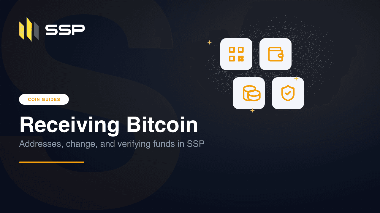 SSP'nin Bitcoin alma makalesi kapağı, QR kodu, cüzdan, madeni para ve onay kalkanı simgelerini gösteriyor