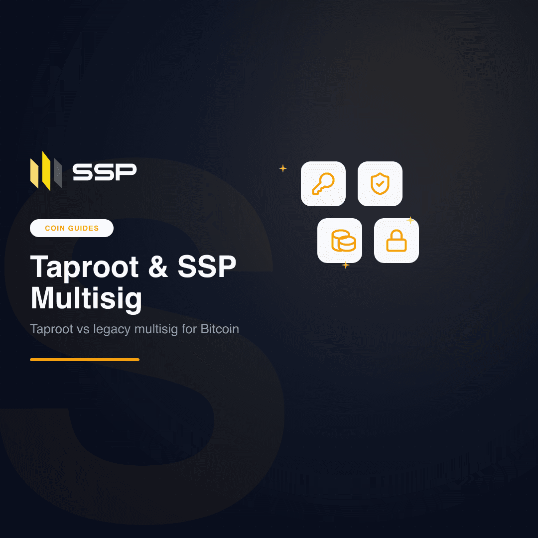 Gráfico de capa de Taproot e o multisig de Bitcoin no SSP com ícones de chave, escudo, moedas e cadeado