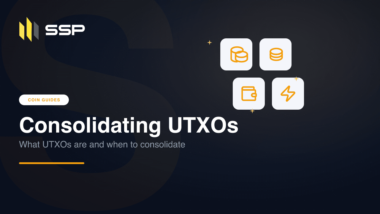 작은 비트코인 UTXO 동전 여러 개가 하나의 더 큰 UTXO로 통합되는 도식