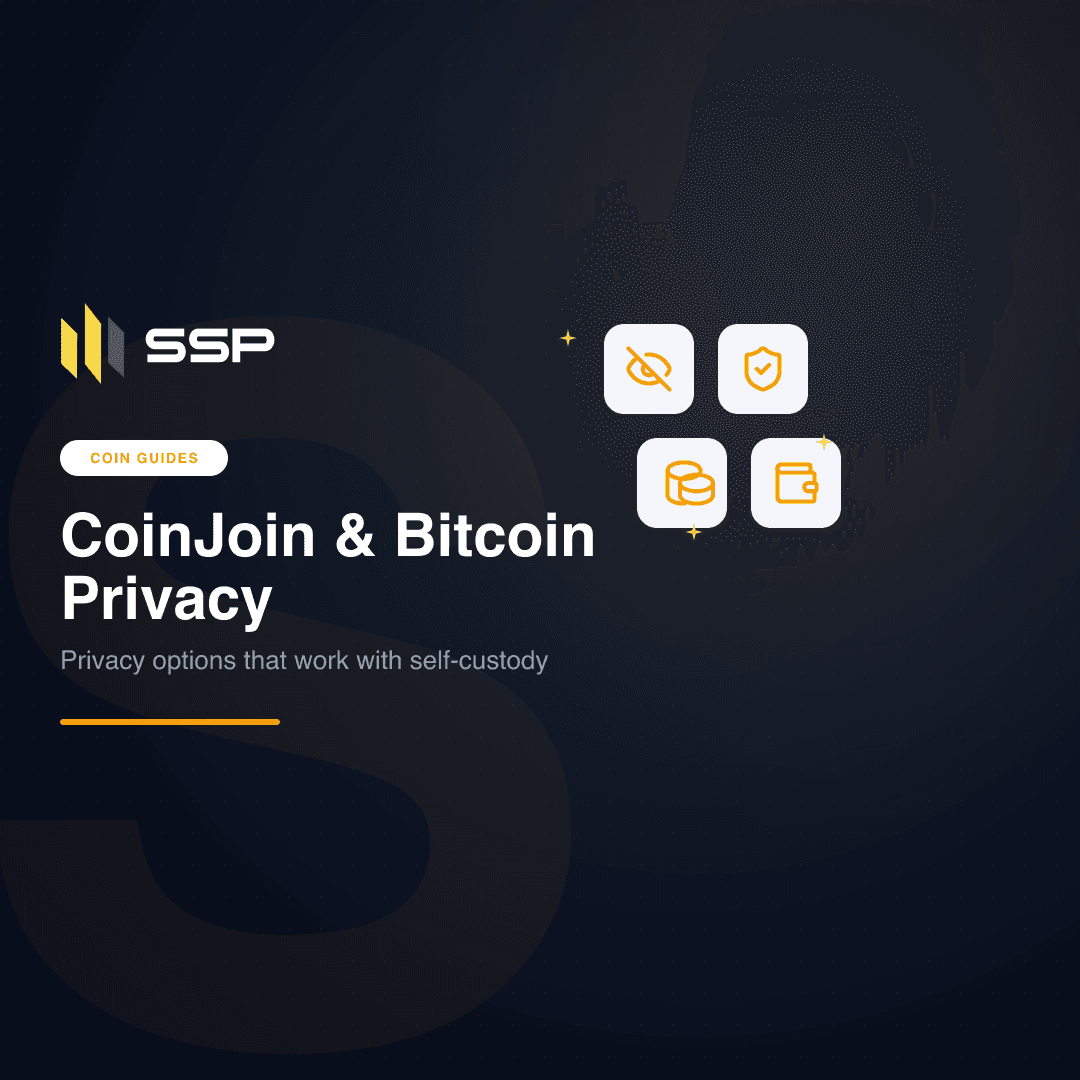 Capa sobre privacidade com ícones de olho oculto, escudo, moedas e carteira para um guia de CoinJoin do Bitcoin