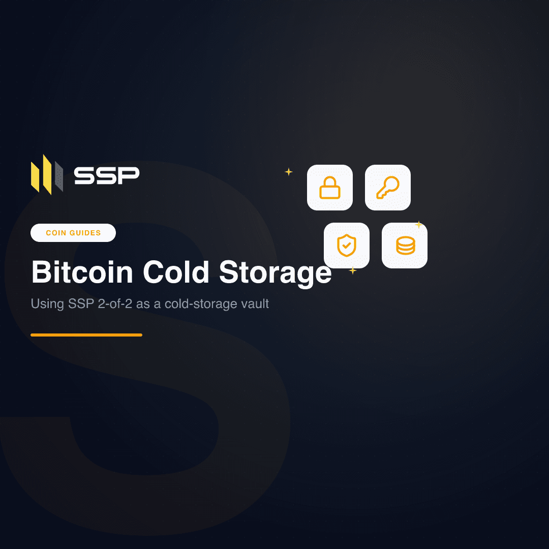 Conceito de cofre de armazenamento a frio de Bitcoin com ícones de cadeado, chave, escudo e banco de dados no estilo da marca SSP