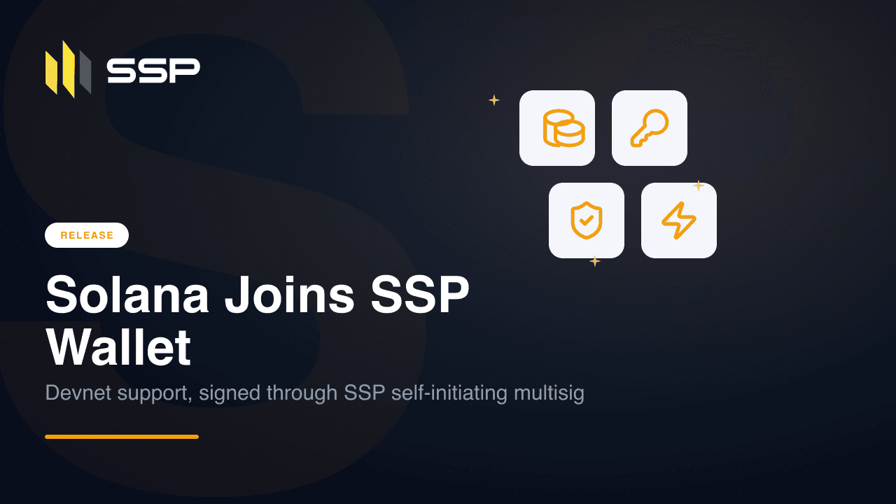 Portada de SSP Wallet que anuncia el soporte de Solana Devnet con iconos de multisig e intercambio