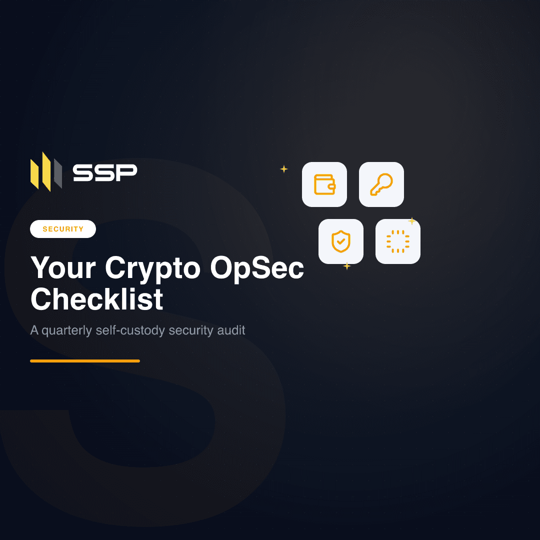 Okładka bezpieczeństwa SSP z ikonami portfela, klucza, tarczy i chipa dla listy kontrolnej OpSec dla kryptowalut