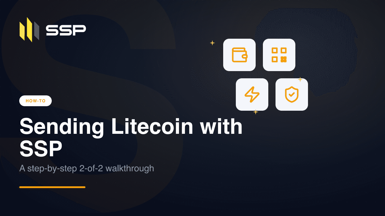 SSP-Anleitungscover zum Senden von Litecoin, mit Wallet-, QR-Code-, Blitz- und Schild-Symbolen