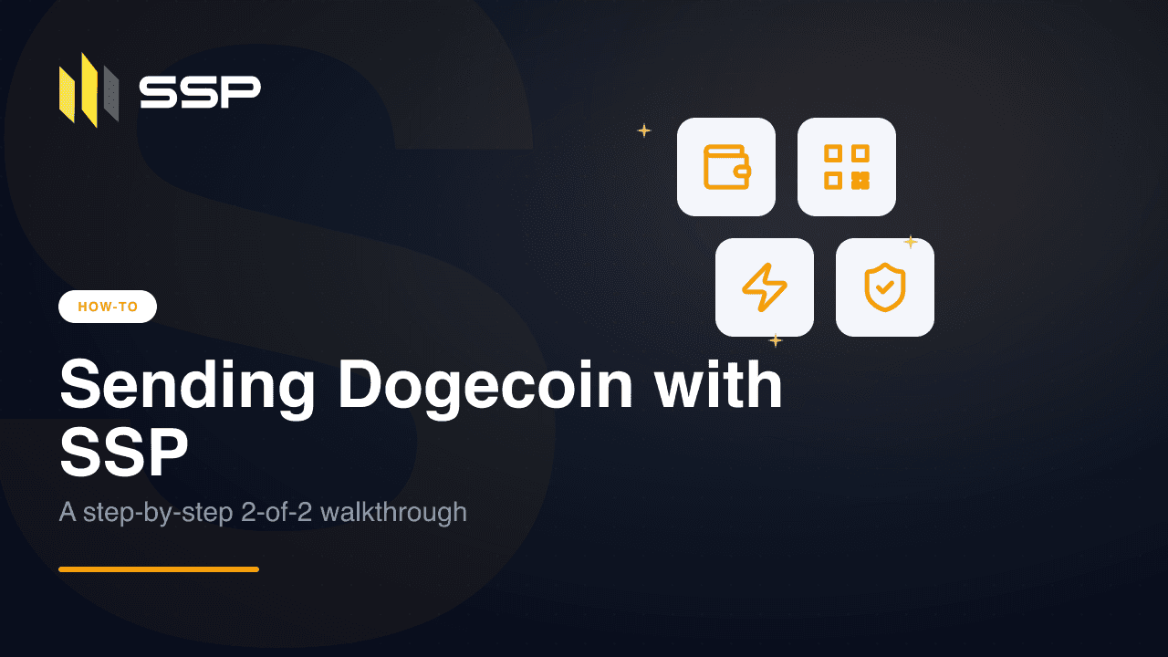 Sending Dogecoin with SSP — academy how-to cover with wallet, QR code, lightning, and shield icons