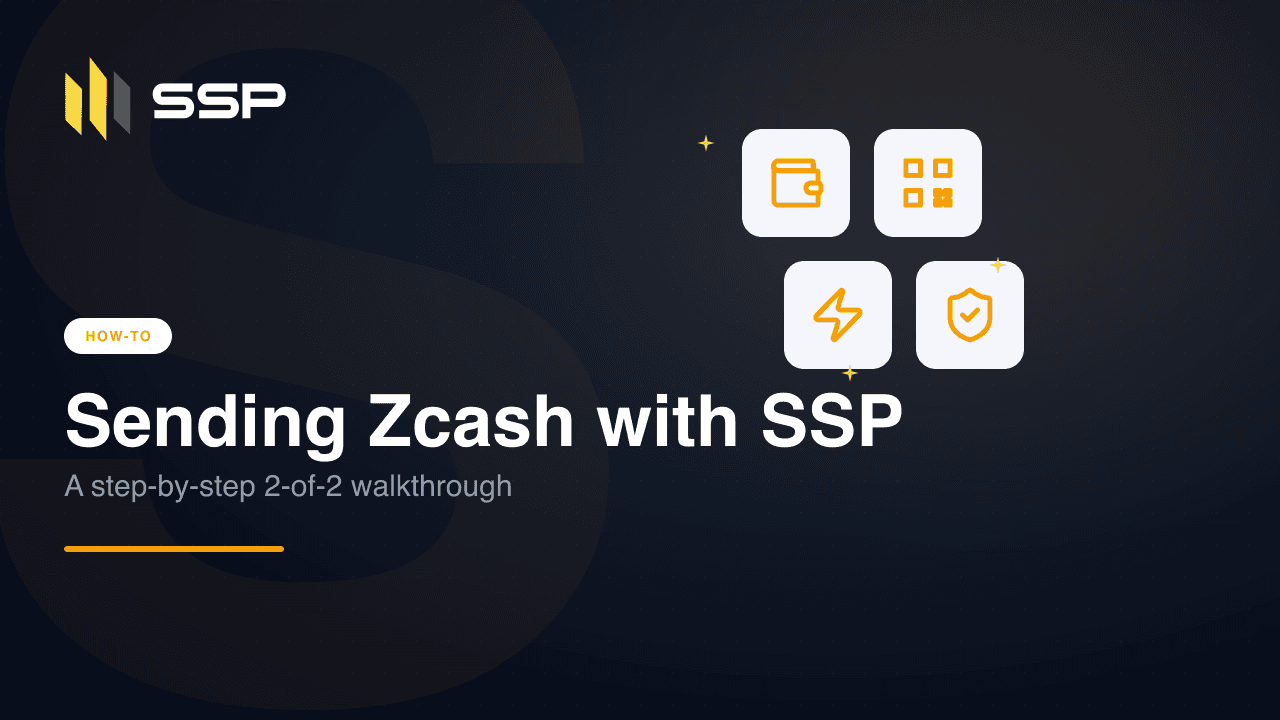 SSP-Anleitungs-Cover zum Senden von Zcash, mit Symbolen für Wallet, QR-Code, Blitz und Schild.