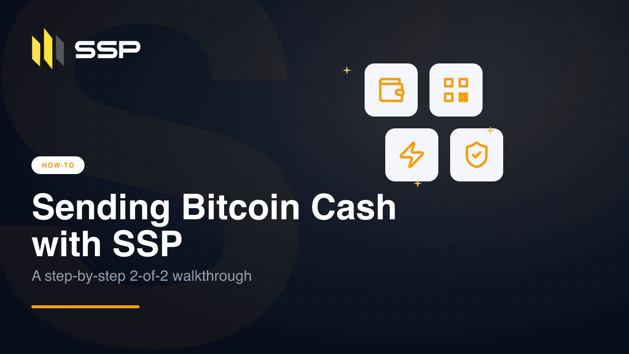 Ảnh bìa hướng dẫn SSP về gửi Bitcoin Cash, với biểu tượng ví, mã QR, tia chớp và lá chắn