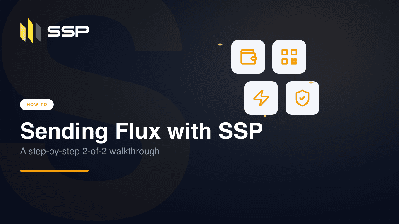 Titelbild der Anleitung zum Senden von Flux mit SSP mit Wallet-, QR-Code-, Blitz- und Schild-Symbolen