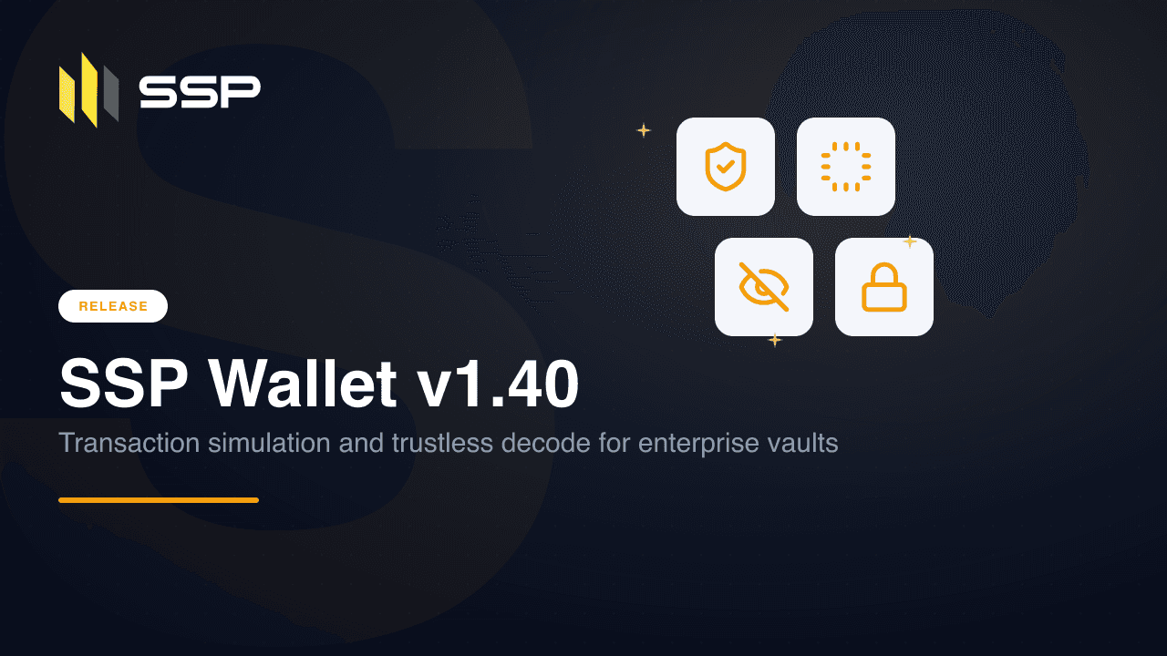 Copertina della versione SSP Wallet v1.40 con icone di scudo, chip, occhio barrato e lucchetto