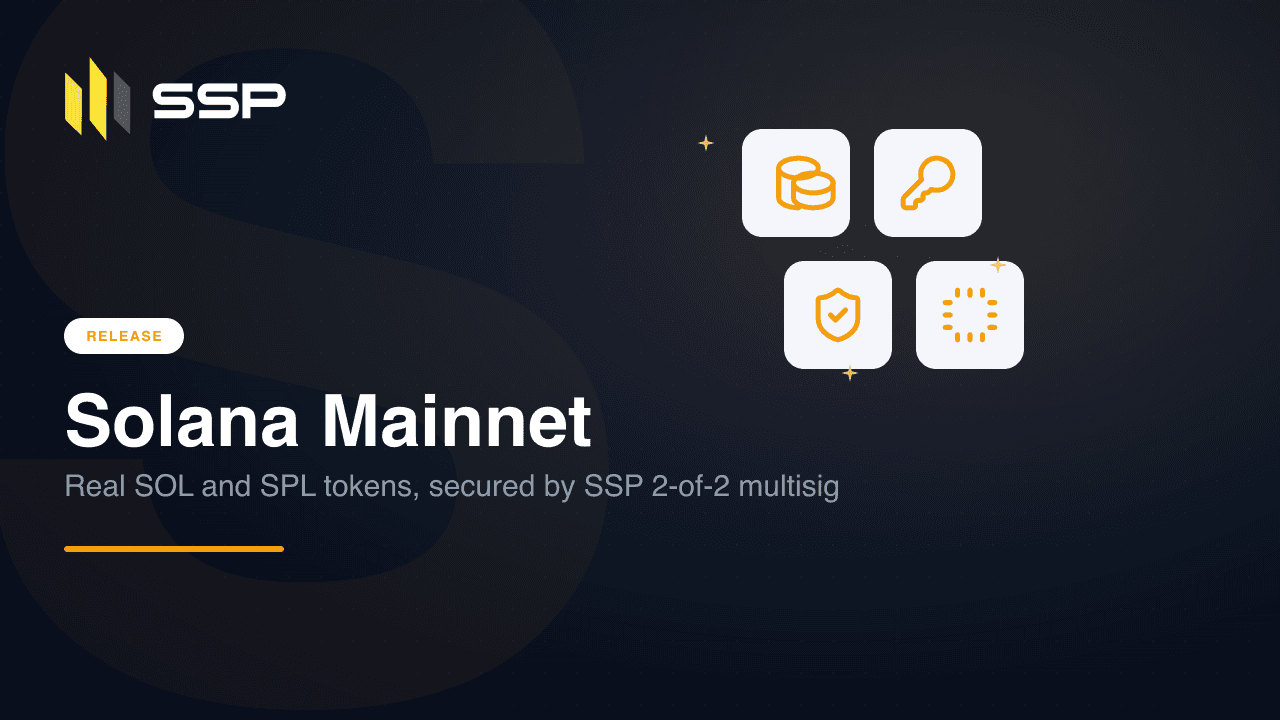 Okładka wydania Solana mainnet z logo SSP oraz ikonami monet, klucza, tarczy i układu scalonego