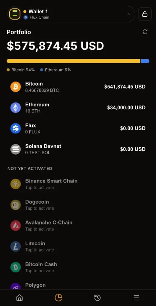 La schermata del portafoglio in SSP Wallet, in modalità scura