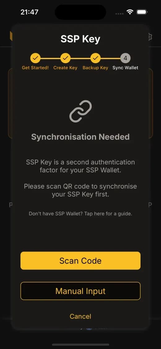 Langkah sinkronisasi di SSP Key, mode gelap
