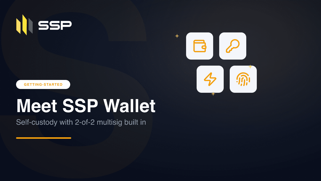 SSP Wallet brand cover with the SSP logo, the 'GETTING-STARTED' category pill, and a 2x2 grid of self-custody icons.