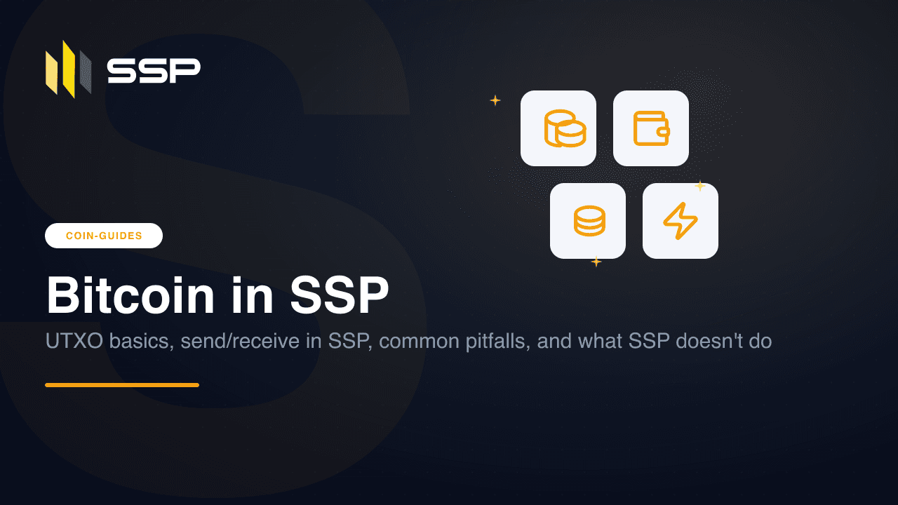 Bitcoin logo with the SSP wallet icon, both rendered in the SSP brand palette