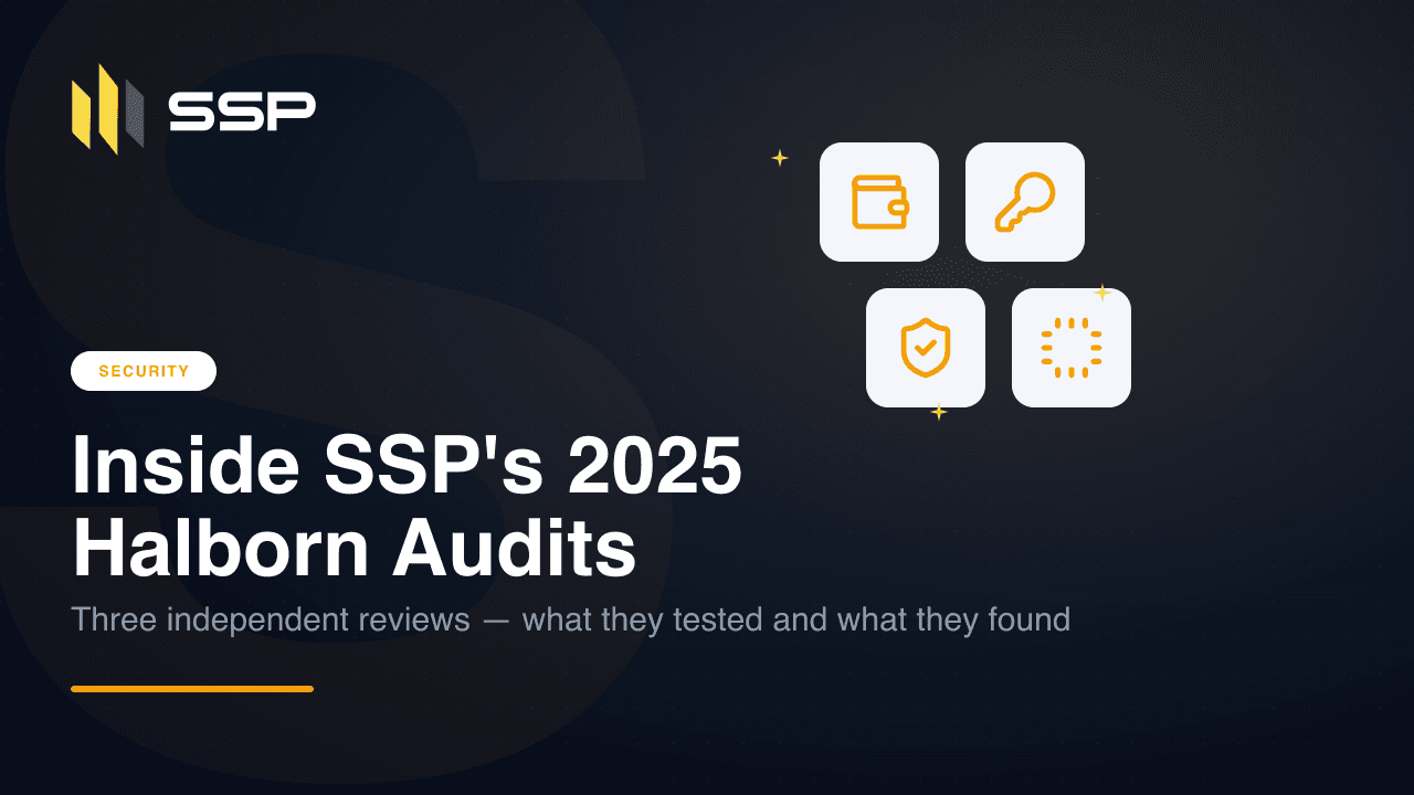SSP 2025 年 Halborn 审计回顾的深蓝色封面,深色渐变上排列着 wallet、钥匙、盾牌和 CPU 图标