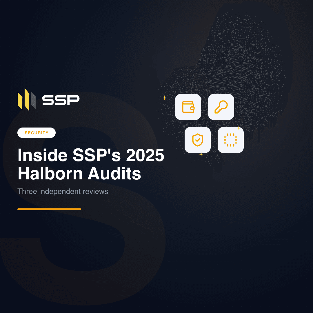 Marineblaues Cover für den Recap der Halborn-Audits 2025 von SSP, mit Icons von Wallet, Schlüssel, Schild und CPU auf dunklem Verlauf