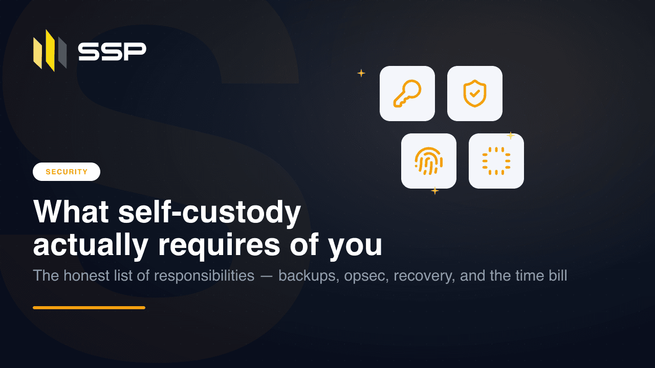 Navy SSP cover for What self-custody actually requires of you, with key, shield, fingerprint and CPU icons over a dark gradient