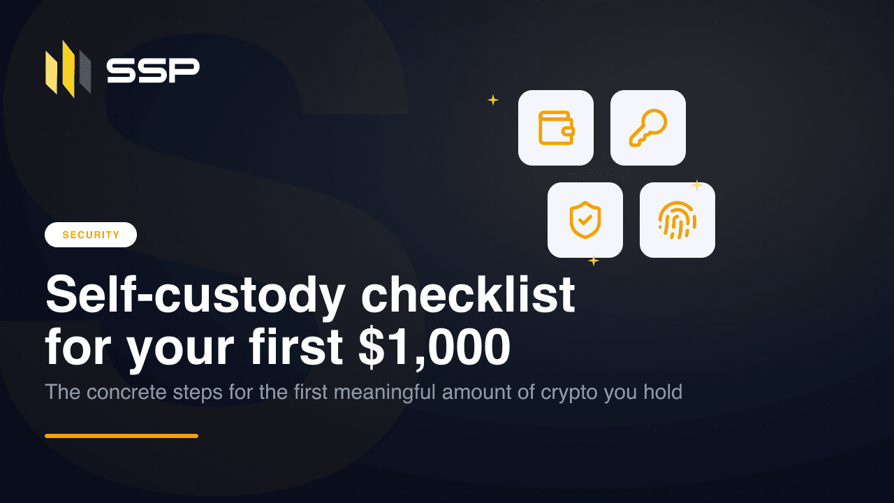 Navy SSP cover for Self-custody checklist for your first $1,000, with wallet, key, shield and fingerprint icons over a dark gradient