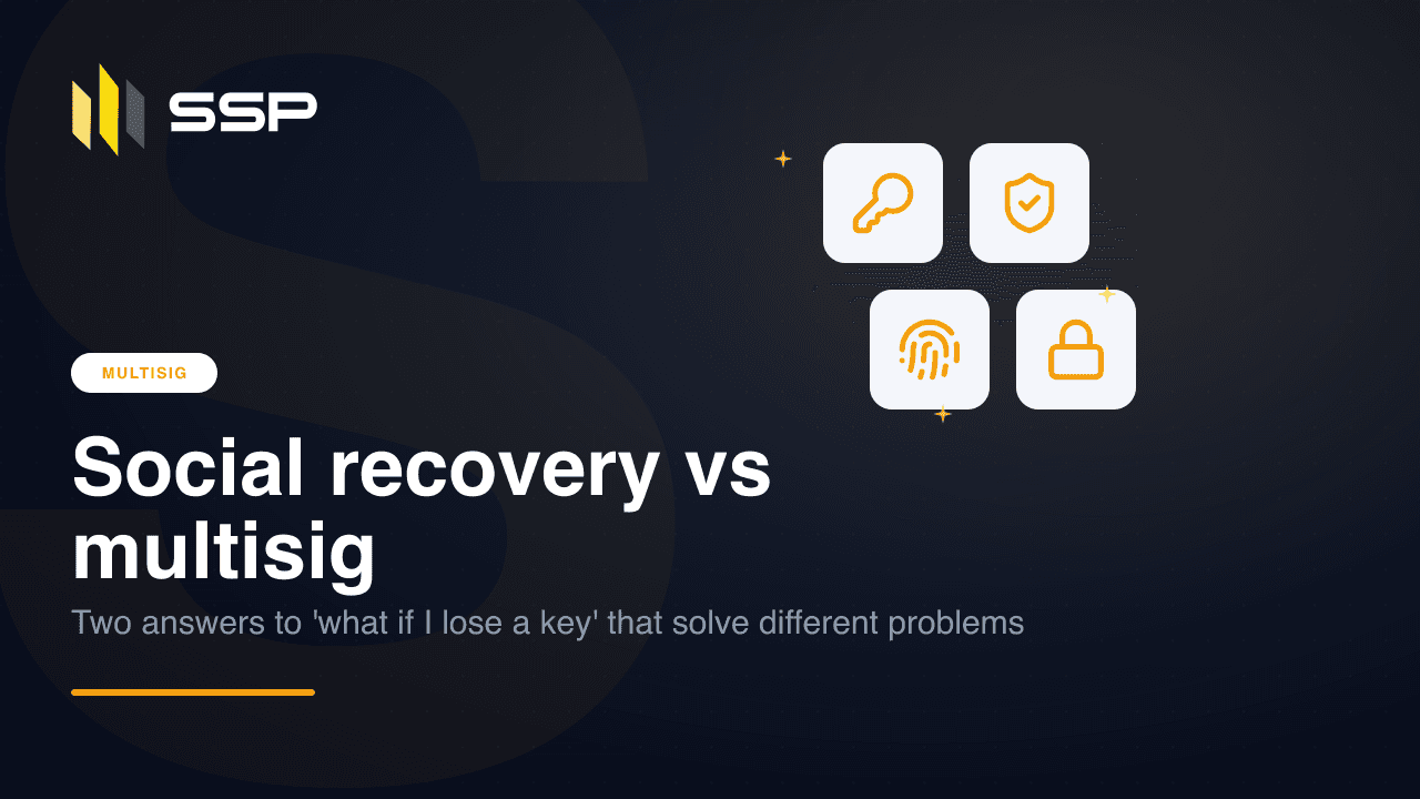 Navy SSP cover with key, shield, fingerprint and lock icons on a dark gradient, the social-recovery comparison chapter of Multisig Deep Dive