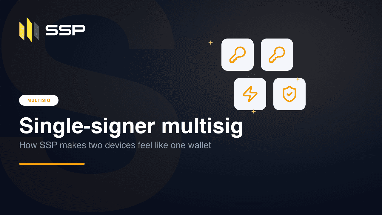 Navy SSP cover with key, lightning and shield icons on a dark gradient, the single-signer UX chapter of Multisig Deep Dive