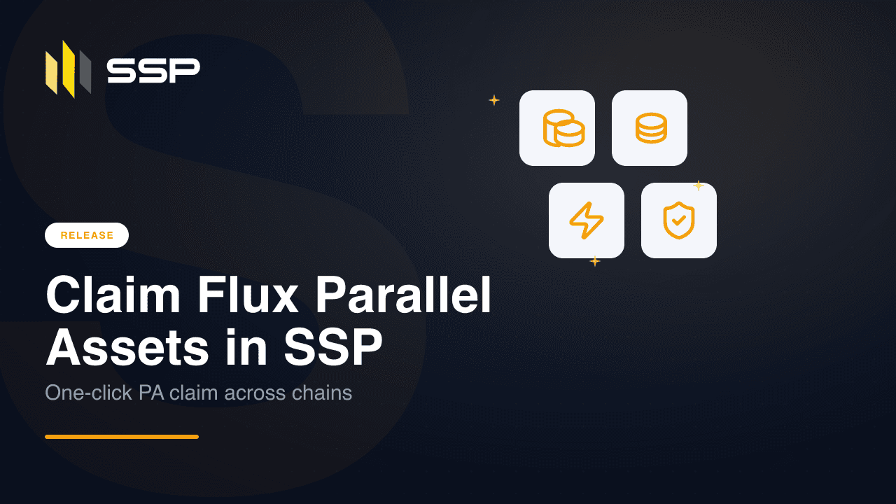 Navy SSP cover with coins, database, zap and shield icons announcing Flux Parallel Assets claim in SSP