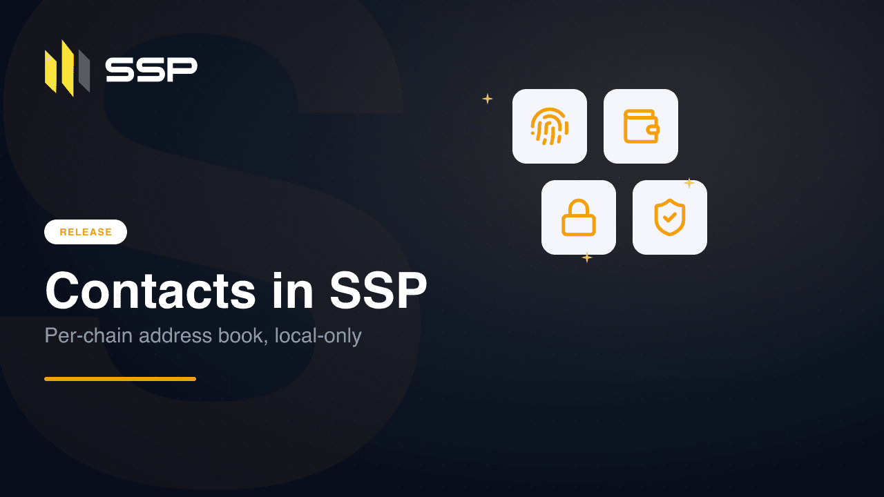 Navy SSP cover with fingerprint, wallet, lock, and shield-check icons announcing the local-only contacts feature in SSP Wallet v1.4.0