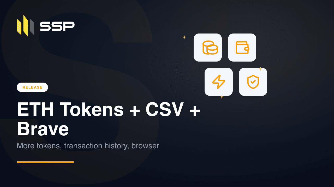 RELEASE badge with coins, wallet, zap, and shield-check icons above the headline ETH Tokens + CSV + Brave — more tokens, transaction history, browser
