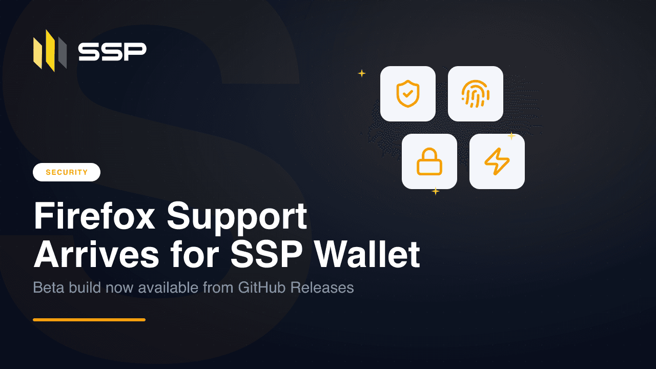 Selo SECURITY com ícones de escudo, digital, cadeado e raio sobre o título «Suporte ao Firefox chega ao SSP Wallet — compilação beta disponível no GitHub Releases».
