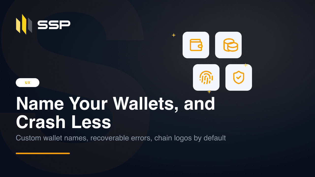 UX badge with wallet, stacked coins, fingerprint, and shield-with-check icons over the headline 'Name Your Wallets, and Crash Less'.