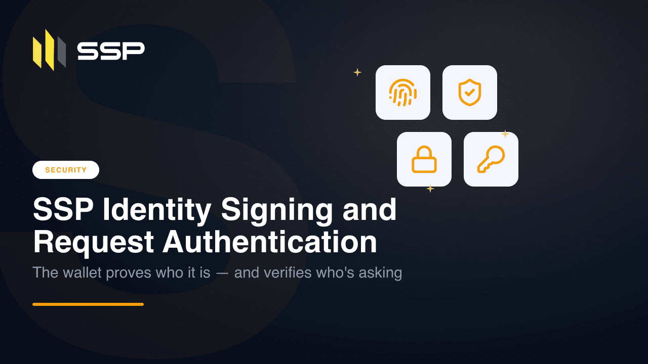 指紋、チェック付きの盾、南京錠、鍵のアイコンが見出し「SSP Identity Signing とリクエスト認証」の上に並ぶカバー。
