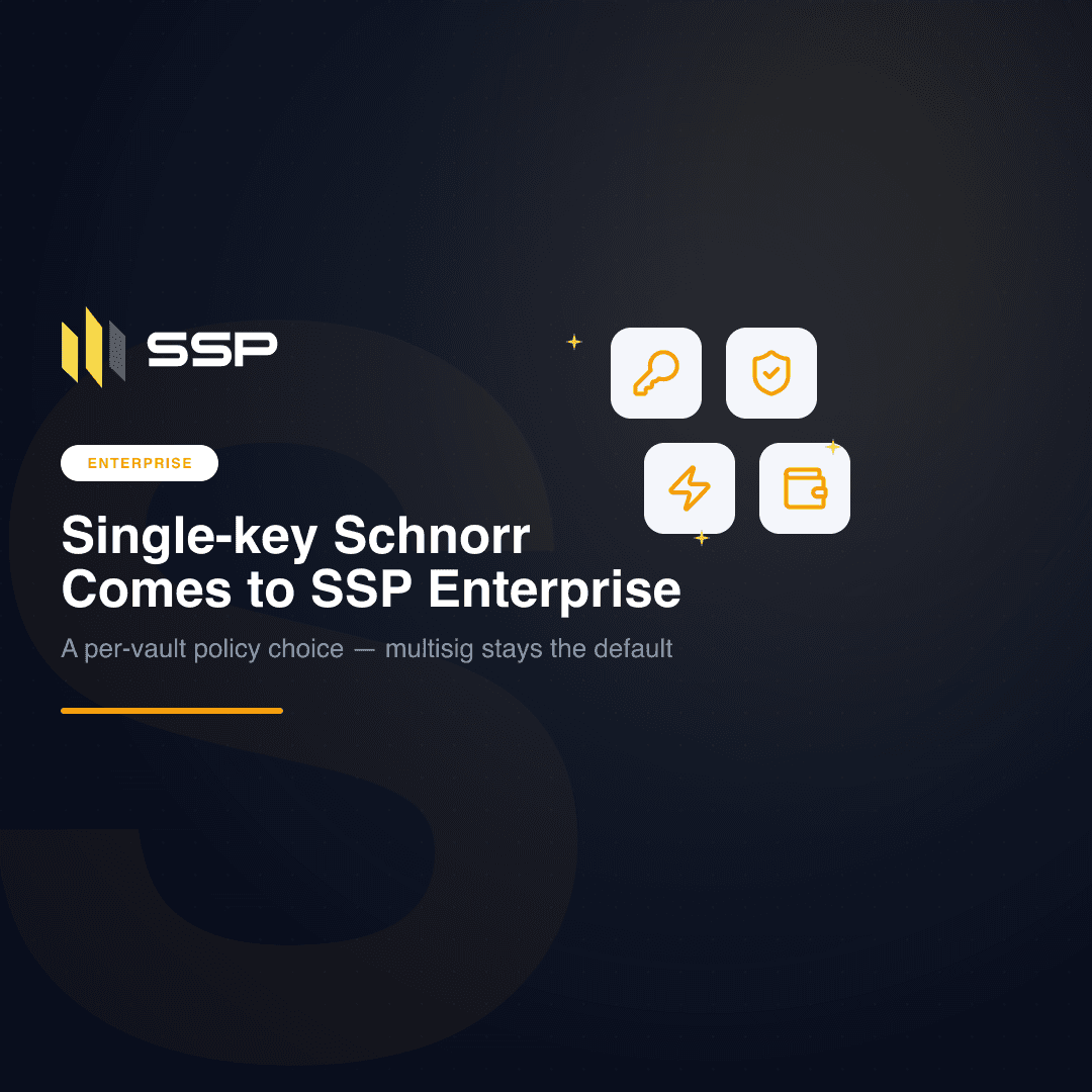 Enterprise cover with key, shield-with-check, lightning bolt and wallet icons over the headline 'Single-key Schnorr Comes to SSP Enterprise'.